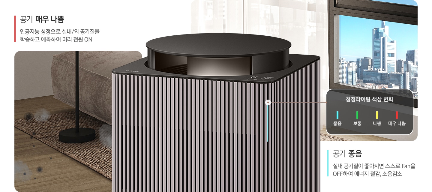 이미지 중앙에 Infinite AI 공기청정기 우측면 상단 3분의 2 정도가 확대 되어 놓여있고, 공기청정기 왼쪽으로는 바닥에 먼지와 세균이 보이는 오염된 거실 한편을 보여주고 있습니다. 이미지 위에는 빨간색 막대 옆에 공기 매우 나쁨, 인공지능 청정으로 실내/외 공기질을 학습하고 예측하여 미리 전원 ON이라는 문구가 적혀 있습니다. 공기청정기 오른쪽에는 시스루 커튼이 쳐진 창문이 있고 커튼이 없는 부분의 창문 밖으로는 맑은 하늘과 초록 나무가 보이는 도시 전경을 표현하고 있습니다. 이미지 하단에는 파란색 막대 옆에 공기 좋은, 실내 공기질이 좋아지면 스스로 Fan OFF 하여 에너지 절감, 소음 감소라는 문구가 적혀 있습니다. 공기청정기 우측면 청정 라이팅 부분은 파란색으로 빛나는 상태로 라이팅 부분과 이어진 사각 박스 안에는 청정 라이팅 색상 변화에 대한 안내가 있습니다. 파란색 막대 좋음, 초록색 막대 보통, 노란색 막대 나쁨, 빨간색 막대 나쁨으로 단계가 나뉘어 보입니다.