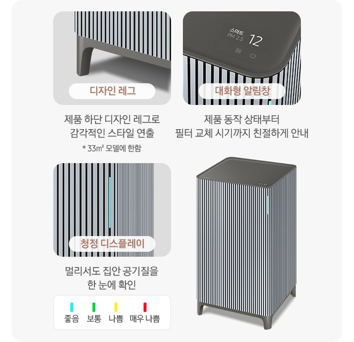 오른쪽에는 Infinite AI 공기청정기가 우측 45도 각도로 서 있습니다. 공기청정기 왼쪽으로는 공기청정기의 다양한 기능에 대해 설명되어 있습니다. 첫 번째는 Infinite AI 공기청정기의 하단 다리 부분이 확대되어 있고 디자인 레그 제품 하단 디자인 레그로 감각적인 스타일 연출 * 33m² 모델에 한함. 두 번째는 알림 창 부분이 확대되어 있고 대화형 알림창 제품 동작 상태부터 필터 교체 시기까지 친절하게 안내. 세 번째는 디스플레이 알림 창 부분이 확대되어 있고 위에는 파란색 막대 좋음, 초록색 막대 보통, 노란색 막대 나쁨, 빨간 새 막대 매우 나쁨으로 단계 별 알림창 색상을 알려주고 있습니다. 하단에는 청정 디스플레이 멀리서도 집안 공기질을 한눈에 확인이라는 문구가 적혀 있습니다.