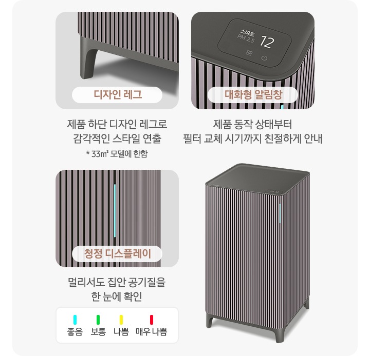 오른쪽에는 Infinite AI 공기청정기가 우측 45도 각도로 서 있습니다. 공기청정기 왼쪽으로는 공기청정기의 다양한 기능에 대해 설명되어 있습니다. 첫 번째는 Infinite AI 공기청정기의 하단 다리 부분이 확대되어 있고 디자인 레그 제품 하단 디자인 레그로 감각적인 스타일 연출 * 33m² 모델에 한함. 두 번째는 알림 창 부분이 확대되어 있고 대화형 알림창 제품 동작 상태부터 필터 교체 시기까지 친절하게 안내. 세 번째는 디스플레이 알림 창 부분이 확대되어 있고 위에는 파란색 막대 좋음, 초록색 막대 보통, 노란색 막대 나쁨, 빨간 새 막대 매우 나쁨으로 단계 별 알림창 색상을 알려주고 있습니다. 하단에는 청정 디스플레이 멀리서도 집안 공기질을 한눈에 확인이라는 문구가 적혀 있습니다.