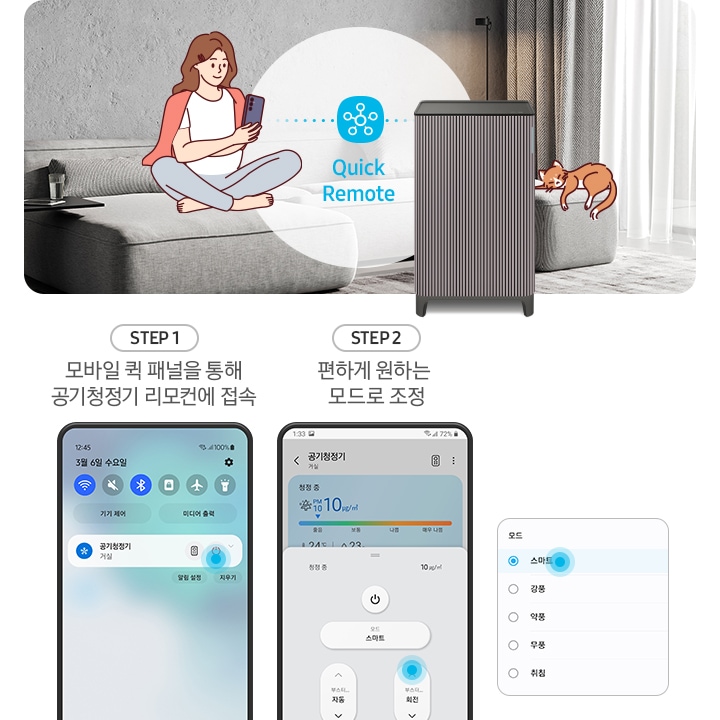 왼쪽에는 그레이톤 인테리어의 거실을 배경으로 연한 회색의 패브릭 소파 위에는 분홍색 카디건을 어깨에 걸치고 핸드폰을 보고 있는 여성의 그림이 그려져 있습니다. 여성과 조금 떨어진 거리에 Infinite AI 공기청정기가 정면을 바라보며 서 있고 여성과 공기청정기 사이 흰색 원 안에는 파란색 점으로 연결된 스마스 싱스 로고가 있습니다. 로고 하단에는 Quick Remote라는 문구가 쓰여있습니다. 공기청정기 오른쪽 소파 끝부분에는 갈색 고양이 가 누워있는 그림이 그려져 있습니다. 오른쪽에는 Quick Remote 기능을 순서에 맞추어 설명하고 있는 핸드폰 화면이 있습니다. step1. 모바일 퀵 패널을 통해 공기청정기 리모컨에 접속. 문구 아래에는 퀵 패널을 통해 공기청정기에 접속할 수 있는 핸드폰 화면이 놓여 있습니다. step2. 편하게 원하는 모드로 조정. 문구 아래에는 퀵 패널을 통해 공기청정기로 접속 후 공기청정기 모드를 변환할 수 있는 핸드폰 화면이 놓여 있고, 마지막으로 변경 가능한 모드가 나열된 알림 창 화면이 오른쪽에 놓여 있습니다.