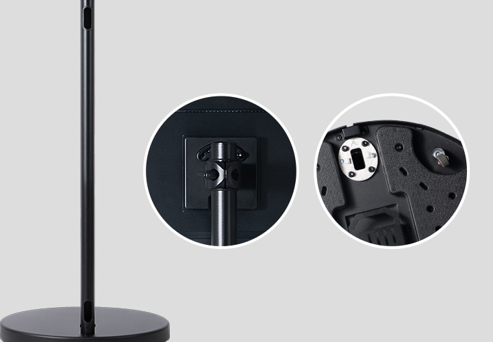 좌측에는 스탠드 기둥 하단의 타공 부분을 보여주는 이미지가 있으며, 중앙에는 모니터와의 결합부분을 확대해 보여주고 있고, 우측에는 스탠드 바닥면의 바퀴 부분을 확대해서 보여주고 있는 이미지입니다.