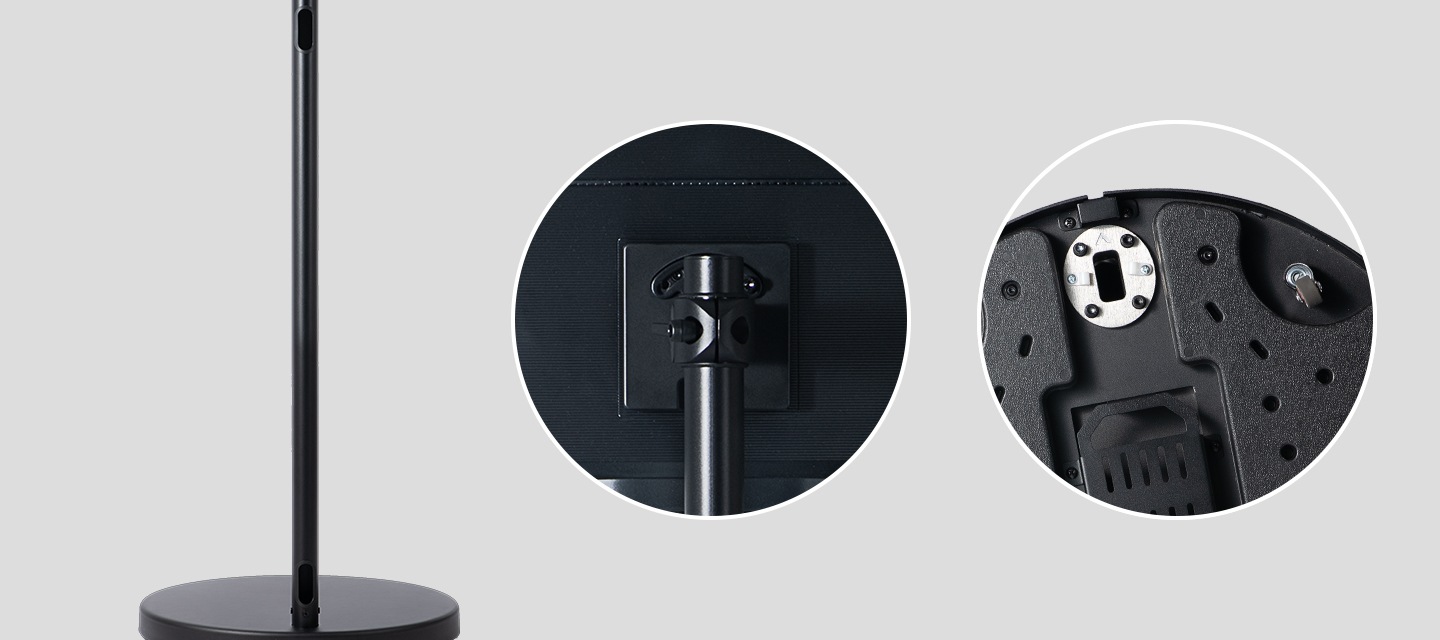 좌측에는 스탠드 기둥 하단의 타공 부분을 보여주는 이미지가 있으며, 중앙에는 모니터와의 결합부분을 확대해 보여주고 있고, 우측에는 스탠드 바닥면의 바퀴 부분을 확대해서 보여주고 있는 이미지입니다.