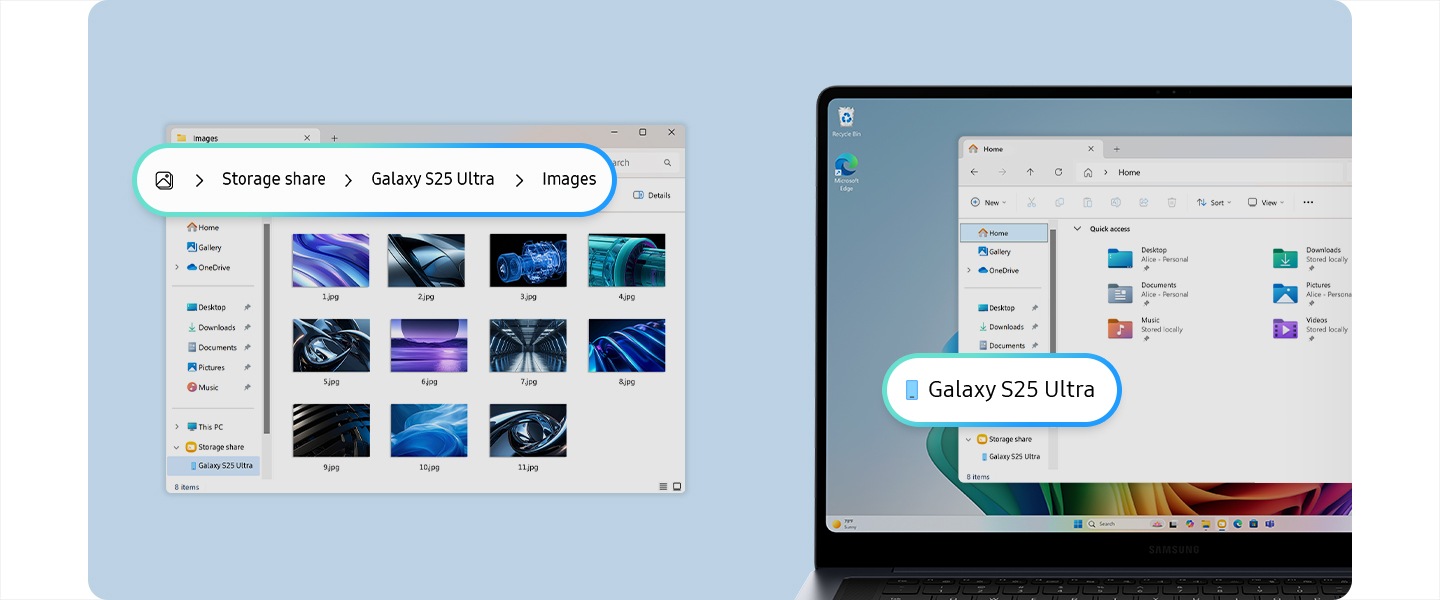 왼쪽에 있는 갤럭시 S25 울트라 전면에 갤럭시 북6 울트라의 저장 공간에 연결된 상태가 나타나 있습니다. 오른쪽으로 갤럭시 S25 울트라도 갤럭시 북6 울트라 파일 폴더에 접근할 수 있음을 표시하고 있습니다.