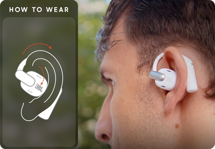 화이트 색상의 이어폰을 착용한 남성이 있습니다. 남성 왼쪽에는 이어폰을 어떻게 착용하면 되는지에 대해 표현한 이미지가 있습니다.