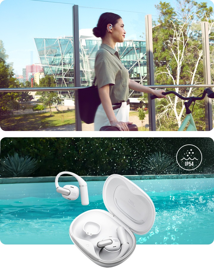 왼쪽에는 화이트 색상의 이어폰을 착용한 여성이 자전거를 끌고 가고 있습니다. 오른쪽에는 물방울 튀고 있는 수영장 이미지 위에 화이트 색상의 뚜껑이 열린 케이스에서 왼쪽 이어폰이 밖으로 나와 있습니다.