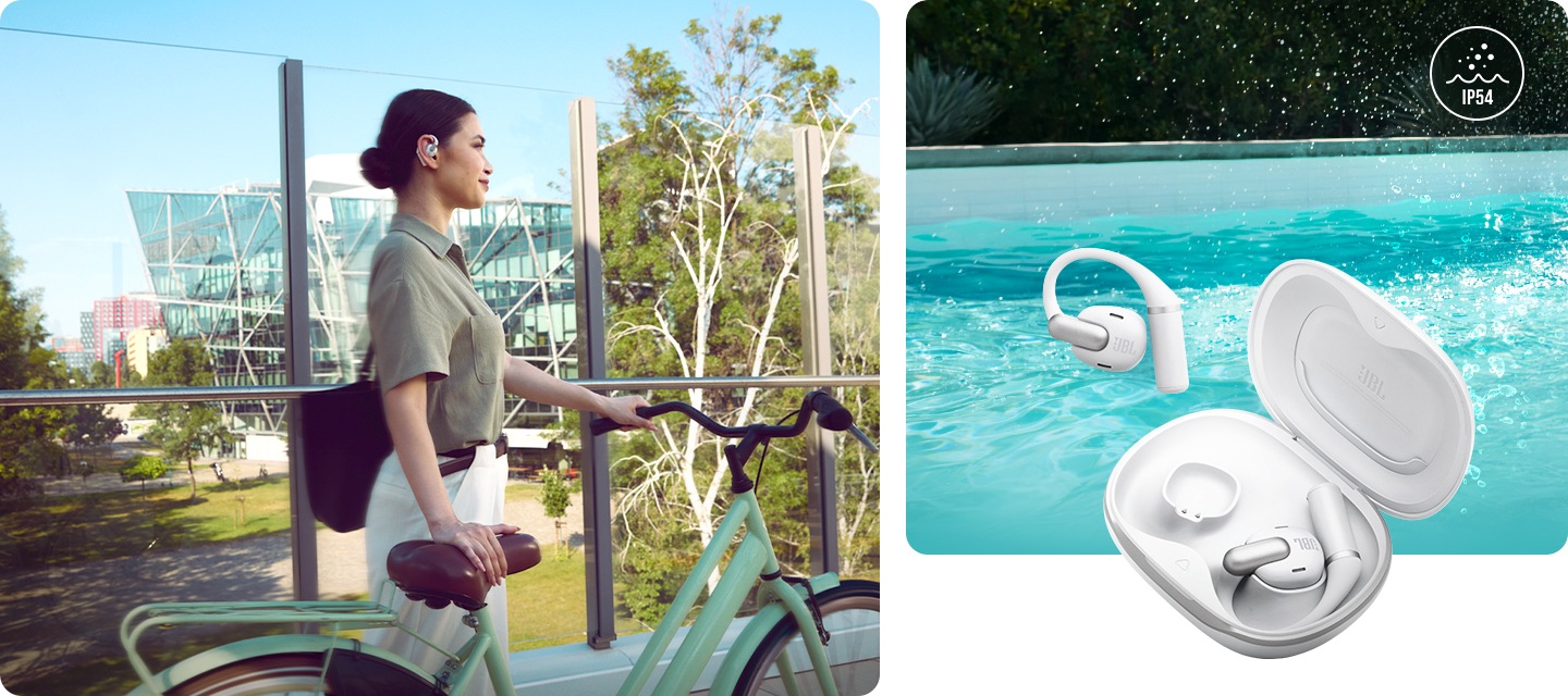 왼쪽에는 화이트 색상의 이어폰을 착용한 여성이 자전거를 끌고 가고 있습니다. 오른쪽에는 물방울 튀고 있는 수영장 이미지 위에 화이트 색상의 뚜껑이 열린 케이스에서 왼쪽 이어폰이 밖으로 나와 있습니다.