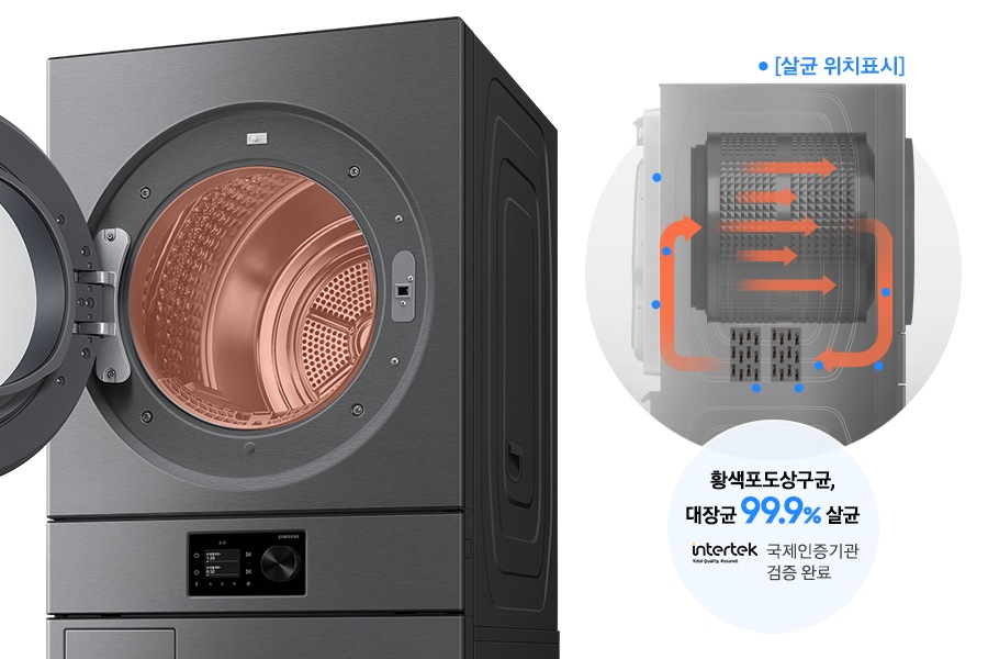 건조기 정면 제품 이미지가 나와있고 열풍 내부 살균 화면이 디스플레이에 나와있습니다. 건조기 내부에는 열풍이 회전하는 연출이 되어있고 통 하단부에 열교환기 부분이 파란색으로 표시되어 있습니다. 건조기 우측면이 일러스트로 그려져있고 내부에 화살표로 열이 교환되는 모습과, 파란색 점으로 살균 위치가 표시되어 있는 연출 이미지 입니다. 황색포도상구균, 대장균 99.9% 살균 문구와 국제인증기관 검증 완료 intertek 로고가 함께 나와있습니다.