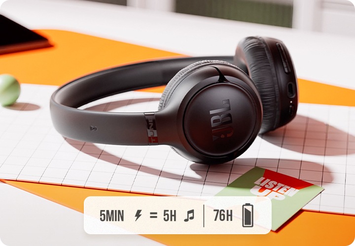 책상 위에 오렌지색과 모눈종이같이 생긴 데스크 매트가 깔려 있습니다. 오렌지 색상 데스크 매트 왼쪽 끝에는 휴대폰이 놓여 있으며, 모눈종이같이 생긴 데스크 매트 위에는 블랙 색상의 헤드폰이 놓여 있습니다.