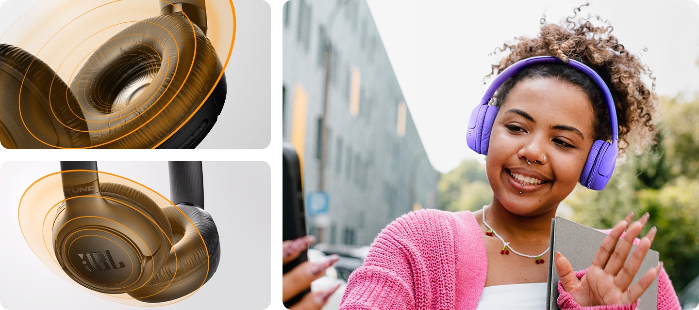 왼쪽 상단과 하단에는 블랙 색상 헤드폰에서 음향효과가 나오는 이미지가 놓여 있습니다. 오른쪽에는 퍼플 색상의 헤드폰을 착용한 여성이 휴대폰으로 영상통화를 하고 있습니다. 