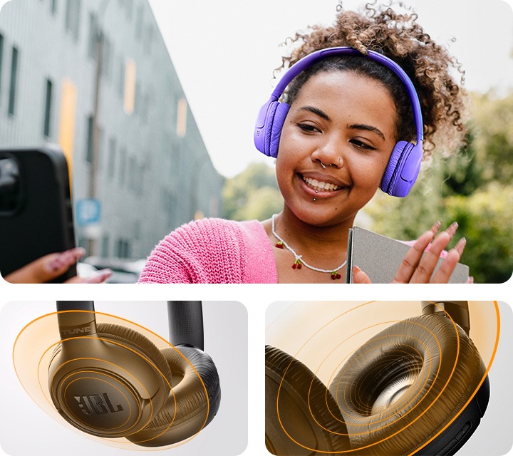 왼쪽 상단과 하단에는 블랙 색상 헤드폰에서 음향효과가 나오는 이미지가 놓여 있습니다. 오른쪽에는 퍼플 색상의 헤드폰을 착용한 여성이 휴대폰으로 영상통화를 하고 있습니다. 