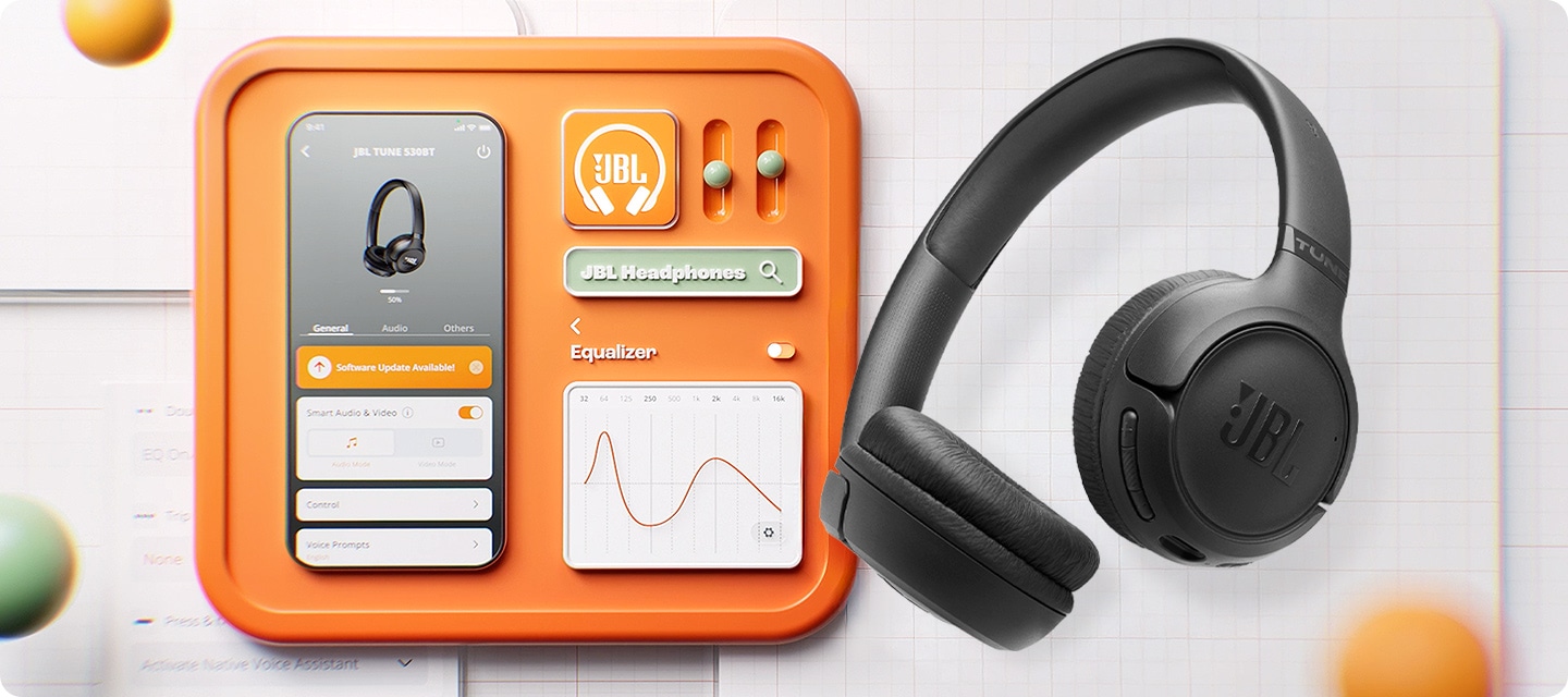 오렌지 색상의 트레이 위에 휴대폰과 JBL Headphones 앱 아이콘, Equalizer가 표현되어 있습니다. 휴대폰 화면에는 Headphones 앱이 켜져 있습니다. 오렌지 색상 트레이 오른쪽에는 블랙 색상의 헤드폰이 놓여 있습니다.