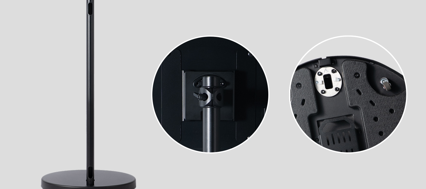 좌측에는 스탠드 기둥 하단의 타공 부분을 보여주는 이미지가 있으며, 중앙에는 모니터와의 결합부분을 확대해 보여주고 있고, 우측에는 스탠드 바닥면의 바퀴 부분을 확대해서 보여주고 있는 이미지입니다.