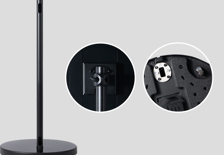 좌측에는 스탠드 기둥 하단의 타공 부분을 보여주는 이미지가 있으며, 중앙에는 모니터와의 결합부분을 확대해 보여주고 있고, 우측에는 스탠드 바닥면의 바퀴 부분을 확대해서 보여주고 있는 이미지입니다.