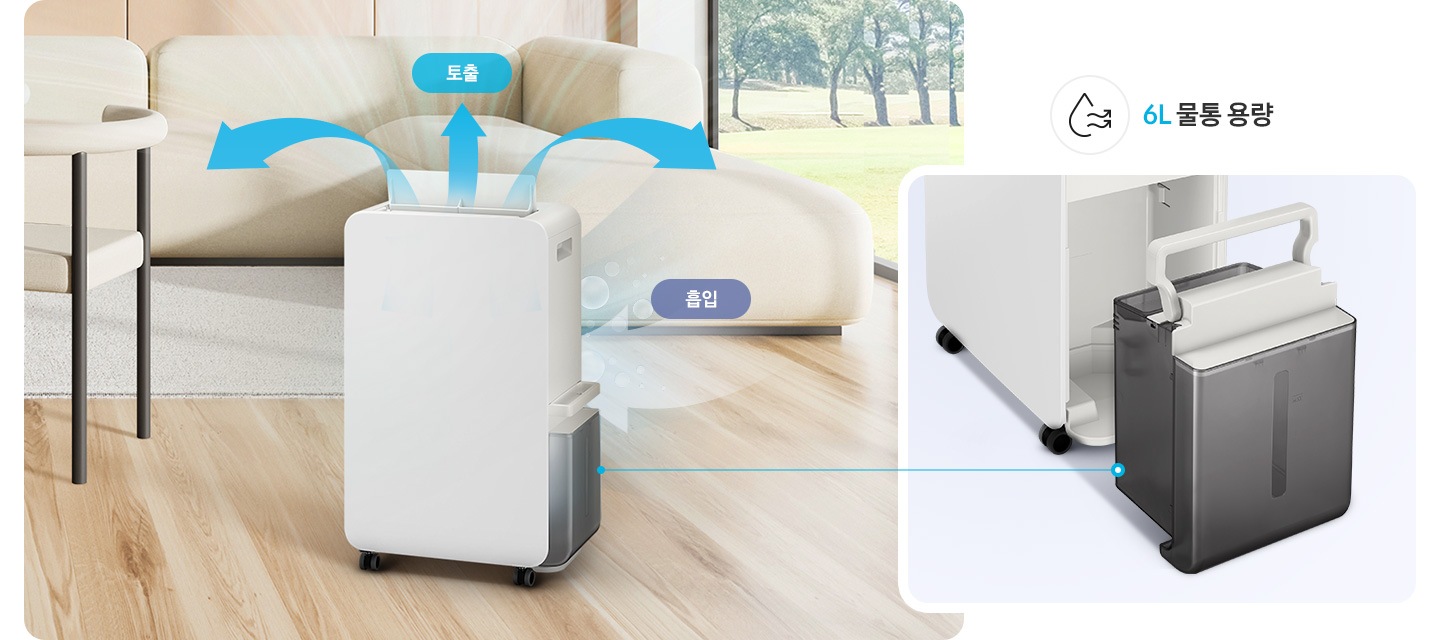 밝은 아이보리 톤의 거실을 배경으로 이미지 왼쪽 부분에는 아이보리 색상의 패브릭으로 만들어진 의자가 자리하고 있고, 의자 뒤쪽으로는 패브릭 소파가 놓여 있습니다. 소파 오른쪽으로는 밖에 나무가 있는 큰 창이 있고, 소파 앞에는 제습 중인 제습기가 왼쪽으로 살짝 돌아간 측면 모습이 있습니다. 제습기의 상단 부분엔 진한 파란색 화살표가 밖으로 나가는 공기의 모습을 표현하고 있으며 토출 텍스트가 쓰여 있습니다. 제습기 측면 중간 부분에는 반투명의 물방울이 보이는 화살표가 제습기 안으로 들어가는 모습을 표현하고 있고 흡입 텍스트가 쓰여 있습니다. 이미지 오른쪽 부분에는 제습기에서 물통이 분리된 측면 모습이 있고 상단 부분에 물방울 아이콘과 밖으로 물결치는 화살표 아이콘과 6L 물통 용량 텍스트가 쓰여 있습니다.