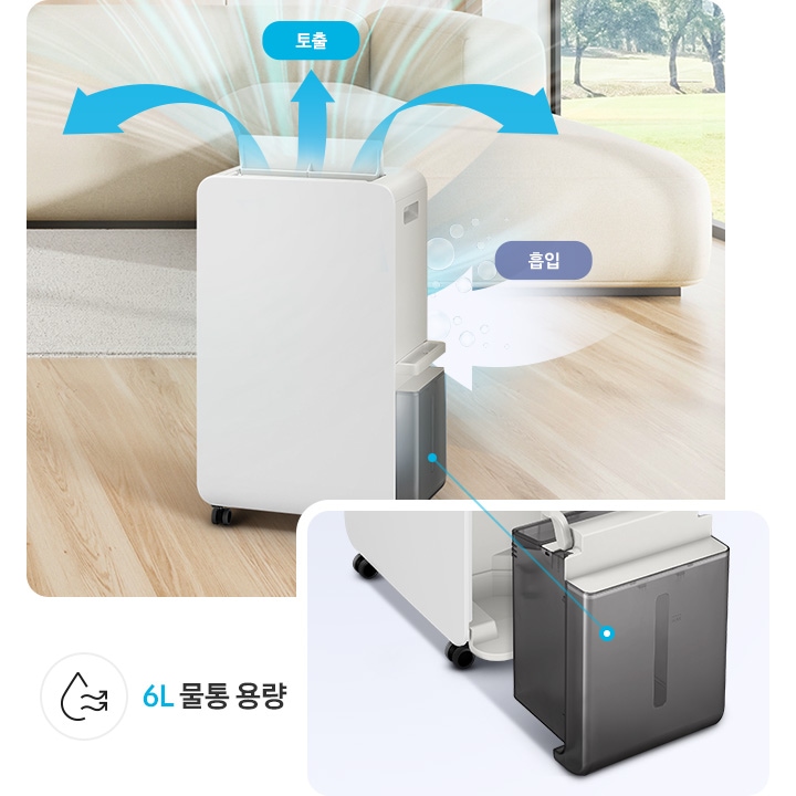 밝은 아이보리 톤의 거실을 배경으로 이미지 왼쪽 부분에는 아이보리 색상의 패브릭으로 만들어진 의자가 자리하고 있고, 의자 뒤쪽으로는 패브릭 소파가 놓여 있습니다. 소파 오른쪽으로는 밖에 나무가 있는 큰 창이 있고, 소파 앞에는 제습 중인 제습기가 왼쪽으로 살짝 돌아간 측면 모습이 있습니다. 제습기의 상단 부분엔 진한 파란색 화살표가 밖으로 나가는 공기의 모습을 표현하고 있으며 토출 텍스트가 쓰여 있습니다. 제습기 측면 중간 부분에는 반투명의 물방울이 보이는 화살표가 제습기 안으로 들어가는 모습을 표현하고 있고 흡입 텍스트가 쓰여 있습니다. 이미지 오른쪽 부분에는 제습기에서 물통이 분리된 측면 모습이 있고 상단 부분에 물방울 아이콘과 밖으로 물결치는 화살표 아이콘과 6L 물통 용량 텍스트가 쓰여 있습니다.