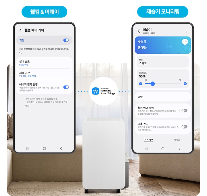 아늑한 인테리어의 거실을 배경으로 이미지 중간 부분에는 제습기의 정면 모습이 있고 뒤쪽으로는 반투명의 커튼에 가려진 창이, 상단 부분에는 스마트싱스 로고와 텍스트가 쓰여 있습니다. 제습기 왼쪽 부분에는 진한 갈색과 연한 갈색의 쿠션이 올려져 있는 진한 아이보리 색상의 소파가 놓여 있고 그 앞에 웰컴&어웨이 UI 화면과 화면 하단에 파란색의 모서리가 동그란 박스 안에 웰컴&어웨이 텍스트가 쓰여 있습니다. 제습기 이미지 오른쪽 부분에는 진한 아이보리 색상의 소파가 놓여 있고 그 앞에 제습기를 모니터링 중인 Ui 화면과 화면 하단에 파란색의 모서리가 동그란 박스 안에 제습기 모니터링 텍스트가 쓰여 있습니다.