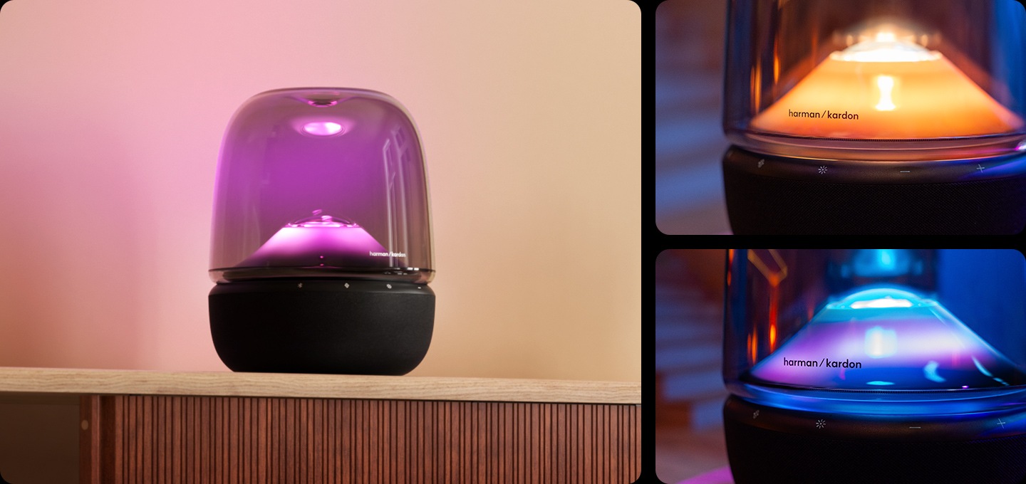 왼 : 서랍장 위에 스피커가 놓여 있으며, 스피커에서는 분홍색 불빛이 나오고 있습니다. 오 : 스피커의 버튼 부분이 확대되어 보이며, 상단에는 주황색의 불빛이 하단에는 파란색 불빛이 보입니다.