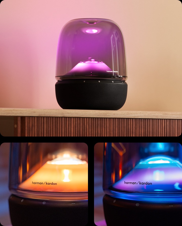 왼 : 서랍장 위에 스피커가 놓여 있으며, 스피커에서는 분홍색 불빛이 나오고 있습니다. 오 : 스피커의 버튼 부분이 확대되어 보이며, 상단에는 주황색의 불빛이 하단에는 파란색 불빛이 보입니다.