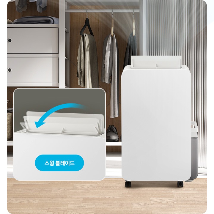 우드 톤의 옷방을 배경으로 이미지 왼쪽 부분에는 옷장이 열려 안에 걸려있는 옷의 하단 부분과 정리된 신발이 자리하고 있습니다. 이미지 중간 부분에는 작동 중인 제습기의 정면 모습이 놓여 있고 제습기 상단으로는 연한 화이트 색상의 선으로 바람이 퍼지는 것을 표현하고 있습니다. 이미지 오른쪽 부분에는 옷장의 문과 방문이 있으며, 그 앞에 제습기 상단 부분에 스윙 블레이드가 확대된 이미지와 함께 이미지 하단 부분에 파란색의 모서리가 동그란 박스 안에 스윙 블레이드 텍스트가 쓰여 있습니다.