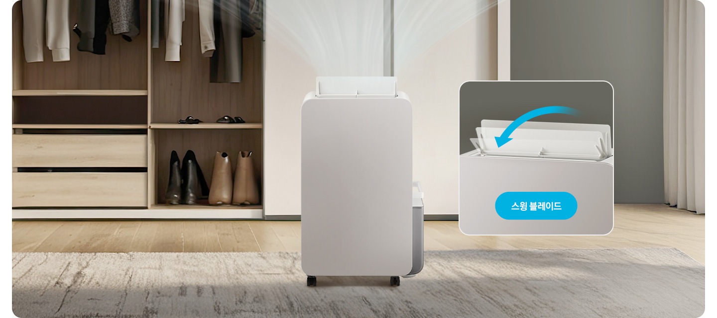우드 톤의 옷방을 배경으로 이미지 왼쪽 부분에는 옷장이 열려 안에 걸려있는 옷의 하단 부분과 정리된 신발이 자리하고 있습니다. 이미지 중간 부분에는 작동 중인 제습기의 정면 모습이 놓여 있고 제습기 상단으로는 연한 화이트 색상의 선으로 바람이 퍼지는 것을 표현하고 있습니다. 이미지 오른쪽 부분에는 옷장의 문과 방문이 있으며, 그 앞에 제습기 상단 부분에 스윙 블레이드가 확대된 이미지와 함께 이미지 하단 부분에 파란색의 모서리가 동그란 박스 안에 스윙 블레이드 텍스트가 쓰여 있습니다.