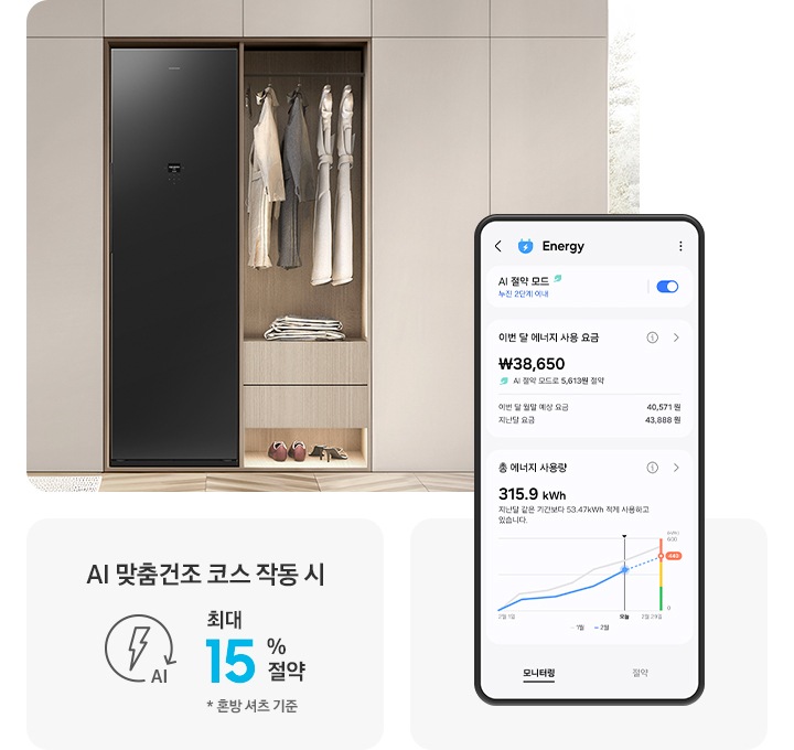 SmartThings 앱 Energy 화면으로 AI 절약 모드가 켜져 있고 이번 달 에너지 사용 요금과 총 에너지 사용량이 나와 있는 UI 화면입니다. 베이지색 붙박이장에 에어드레서가 설치되어 있고 우측 행거에 코트 등 다양한 옷가지가 걸려있습니다. 아래에는 신발이 놓여있고 붙박이장 옆으로 작은 테이블과 창이 있는 연출된 이미지입니다.