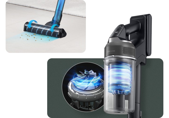 모서리가 둥근 사각 바탕이 오른쪽과 왼쪽으로 나뉘어 있습니다. 왼쪽 사각 형 안에는 아이보리 톤의 바닥 뒤로 러그가 깔려 있으며, 바닥에는 과자 부스러기 같은 오염 물질이 떨어져 있고 제트의 브러시가 회전하며 오염 물질을 흡입하는 모습이 파란색 화살표를 통해 브러시 회전 방향을 표시하여 알려주고 있습니다. 오른쪽 사각 형 안에는 진한 블루 톤의 바탕 위로 제트의 청소기 우측면을 확대하여 먼지통 안에 파란빛을 띄는 선들로 내부 공기 흐름을 나타내고 있고 먼지통 왼쪽으로 제트의 강력한 디지털 모터가 확대되어 있습니다.