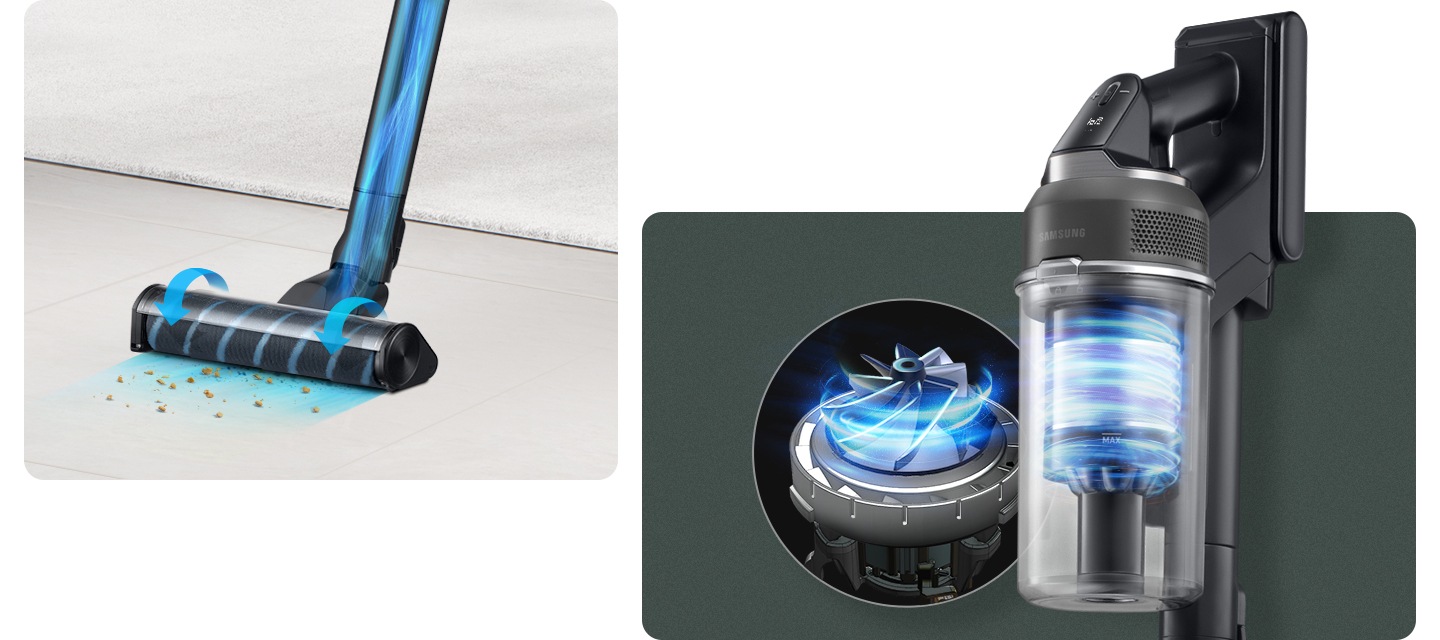 모서리가 둥근 사각 바탕이 오른쪽과 왼쪽으로 나뉘어 있습니다. 왼쪽 사각 형 안에는 아이보리 톤의 바닥 뒤로 러그가 깔려 있으며, 바닥에는 과자 부스러기 같은 오염 물질이 떨어져 있고 제트의 브러시가 회전하며 오염 물질을 흡입하는 모습이 파란색 화살표를 통해 브러시 회전 방향을 표시하여 알려주고 있습니다. 오른쪽 사각 형 안에는 진한 블루 톤의 바탕 위로 제트의 청소기 우측면을 확대하여 먼지통 안에 파란빛을 띄는 선들로 내부 공기 흐름을 나타내고 있고 먼지통 왼쪽으로 제트의 강력한 디지털 모터가 확대되어 있습니다.