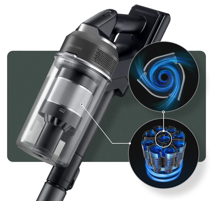 사각형 안에 제트의 좌측 상단부분을 확대하여 모터 내부를 투과되어 내부에 적용된 27개의 에어홀 제트 사이클론이 파란색으로 회전되는 모습을 표현하며 강조되어 보입니다. 조작부 알림 창에는 강력이라는 문구가 쓰여있고, 오른쪽 위로는 에어홀 1개를 더 확대하여 내부에서 공기가 유입되어 흐르는 모습을 자세히 보여주고 있습니다.