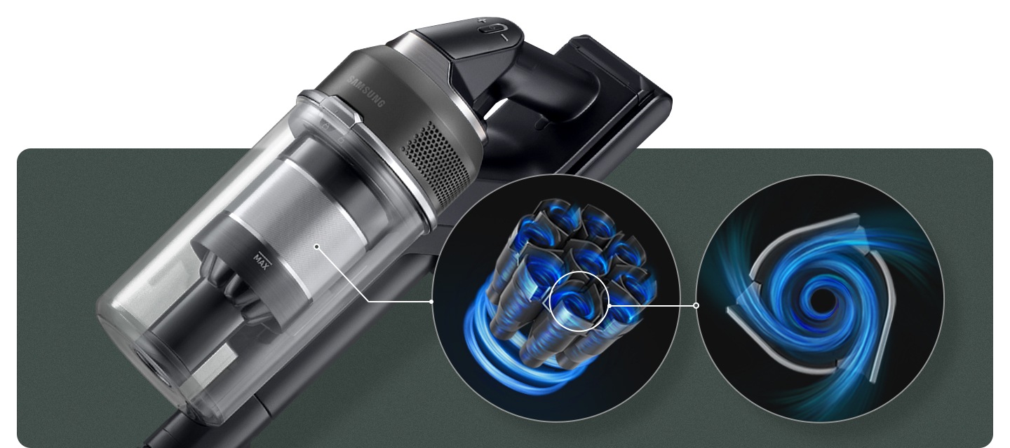 사각형 안에 제트의 좌측 상단부분을 확대하여 모터 내부를 투과되어 내부에 적용된 27개의 에어홀 제트 사이클론이 파란색으로 회전되는 모습을 표현하며 강조되어 보입니다. 조작부 알림 창에는 강력이라는 문구가 쓰여있고, 오른쪽 위로는 에어홀 1개를 더 확대하여 내부에서 공기가 유입되어 흐르는 모습을 자세히 보여주고 있습니다.