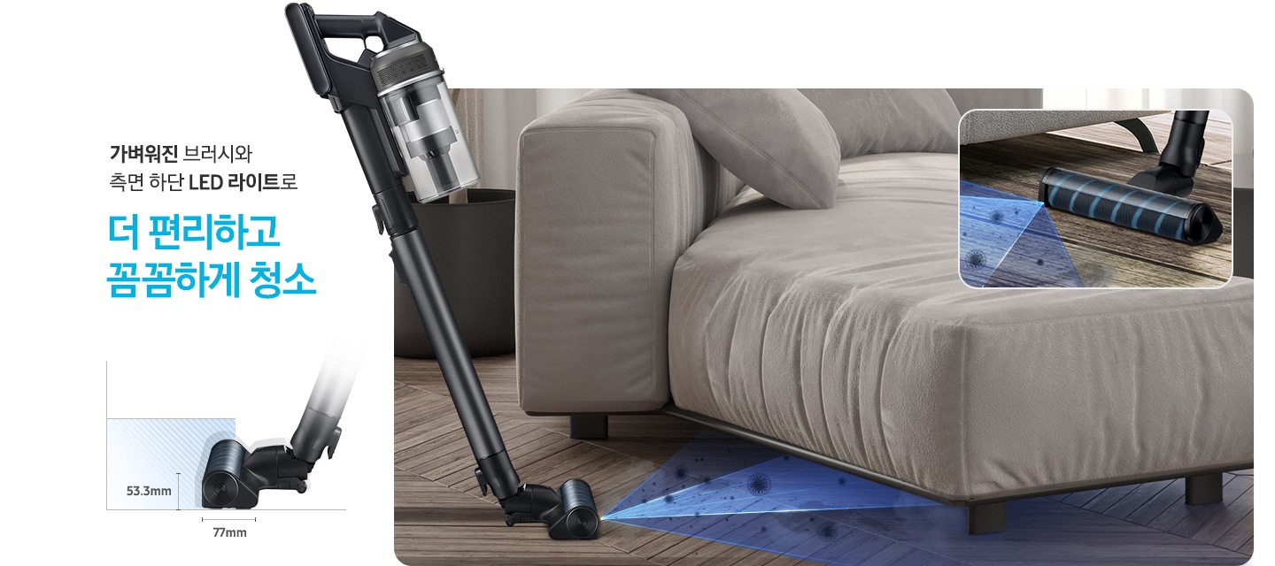 이미지 왼쪽 부분에는 가벼워진 브러시와 측면 하단 LED 라이트로 더 편리하고 꼼꼼하게 청소가 쓰여 있고 텍스트 아래 부분에는 제트의 브러시 부분의 옆면 모습이 있고 브러시의 크기를 알려주고 있습니다. 브러시 앞부분에 높이는 53.3mm가 쓰여 있고, 브러시 하단 부분에 길이는 77mm로 적혀 있습니다. 이미지 오른쪽 부분에는 어두운 나무 바닥 위에 회색 색상의 소파가 배치되어 있고 소파 밑부분을 제트 청소기 제품의 LED 라이트를 사용하여 청소를 하고 있는 모습과 이미지 오른쪽 상단 부분에는 제트의 LED 라이트가 나오는 부분을 확대한 이미지가 배치되어 있습니다.