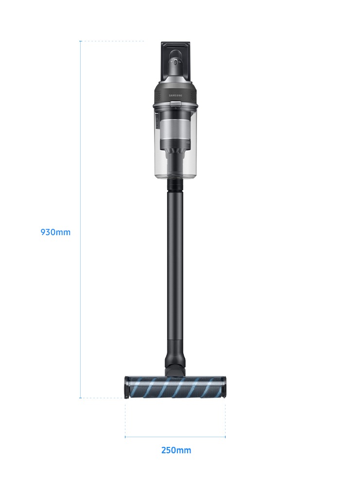 이미지 중간 부분에는 제트가 정면을 바라보고 서 있습니다. 하단에는 가로 길이가 파란색 점선과 텍스트로 표기되어 있습니다. 브러시 하단 부분에는 파란색 점선과 선으로 크키를 표시하고 있고 선 하단 부분에는 250mm 텍스트가 쓰여 있습니다. 청소기 왼쪽 옆으로는 파란색 점선과 선으로 크키를 표시하고 있고, 선 왼쪽 부분에는 930mm 텍스트가 쓰여 있습니다.