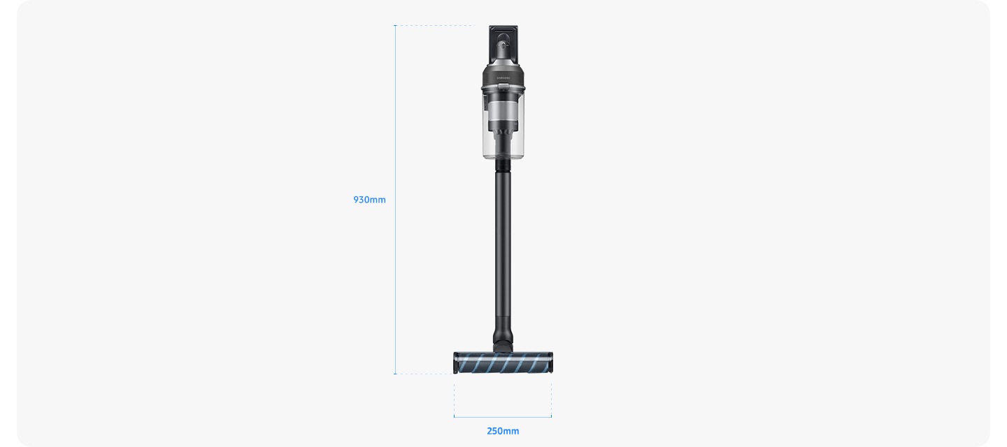 이미지 중간 부분에는 제트가 정면을 바라보고 서 있습니다. 하단에는 가로 길이가 파란색 점선과 텍스트로 표기되어 있습니다. 브러시 하단 부분에는 파란색 점선과 선으로 크키를 표시하고 있고 선 하단 부분에는 250mm 텍스트가 쓰여 있습니다. 청소기 왼쪽 옆으로는 파란색 점선과 선으로 크키를 표시하고 있고, 선 왼쪽 부분에는 930mm 텍스트가 쓰여 있습니다.