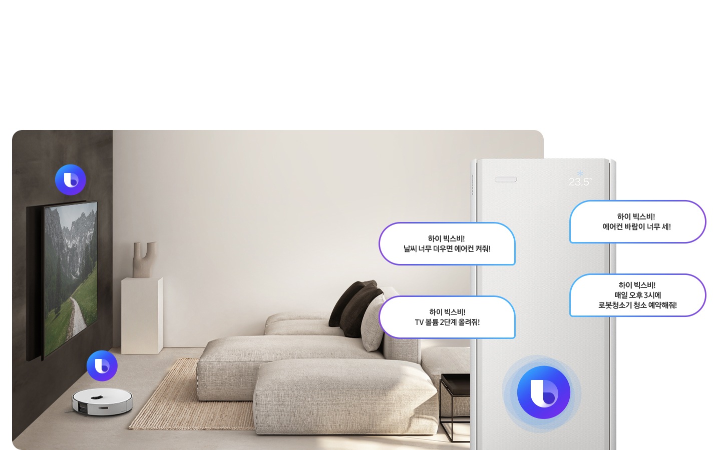 거실로 보여지는 전경 좌측 티비에 빅스비 아이콘 있음 거실 바닥에 로봇청소기 위 빅스비 아이콤 있음 우측 스탠드 에어컨 크게 상단부에 빅스비 아이콘 가운데 있으며 빅스비 말풍선이 있음 좌측부터 하이 빅스비! 날씨 너무 더우면 에어컨 켜줘!, 하이 빅스비! TV 볼륨 2단계 올려줘!, 하이 빅스비! 에어컨 바림이 너무 세!, 하이  빅스비! 매일 오후3시에 로봇청소기 청소 예약해줘! 있음