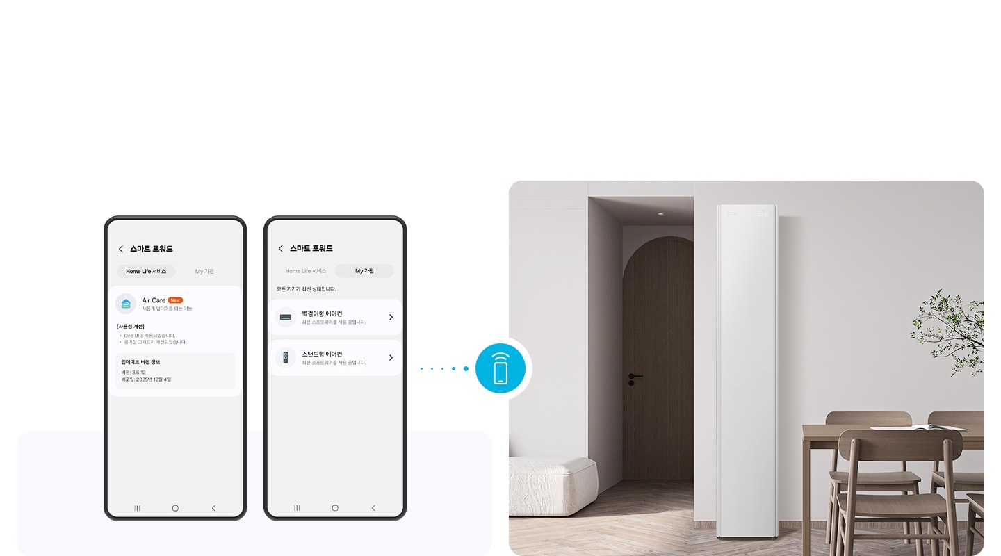 좌측에 두개의 휴대폰이 있고 좌측 부터 스마트 포워드 홈 라이브 서비스 ui, 스마트 포워드 my 가전 ui, 우측엔 다이닝 공간 가운데 스탠드 에어컨이 작동되고 있음