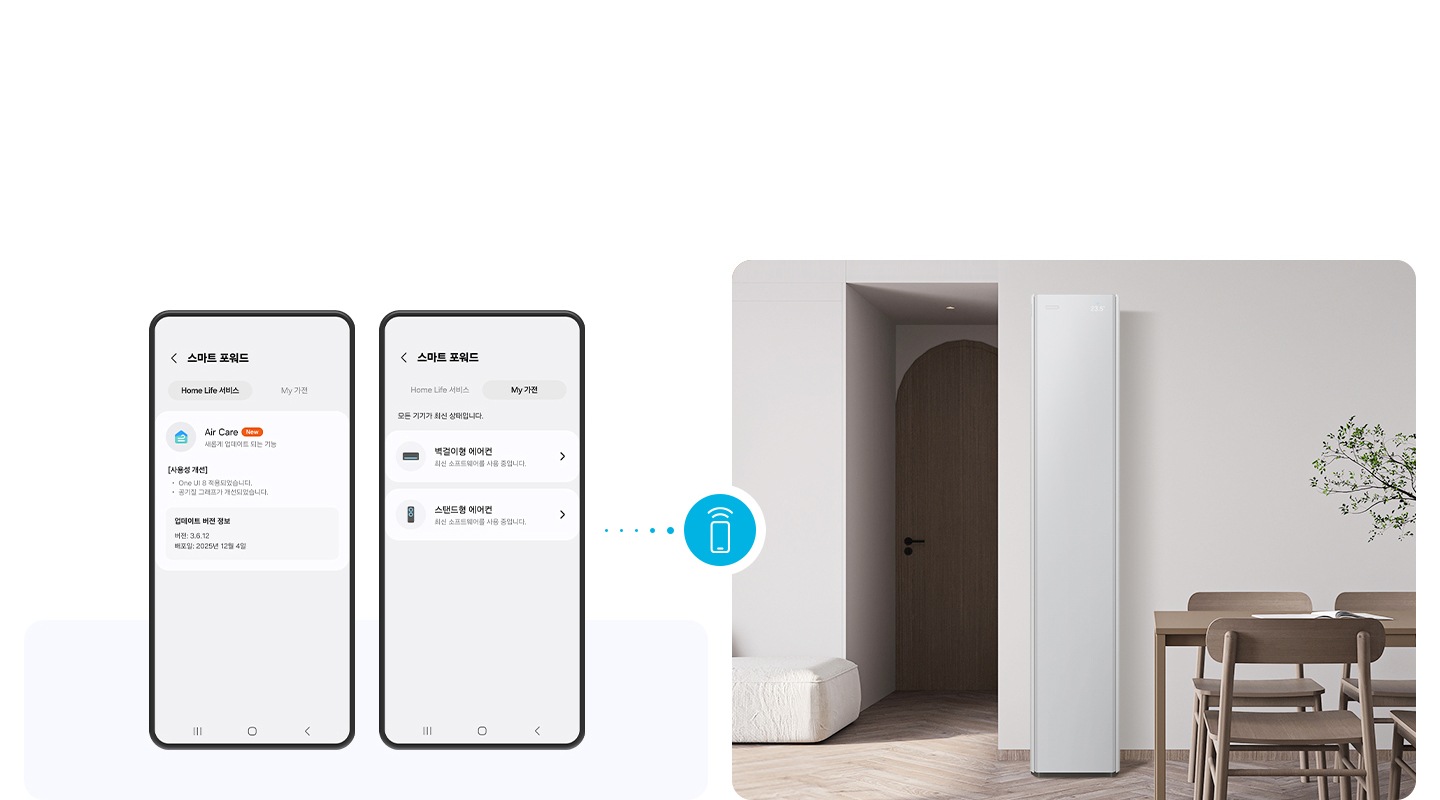 좌측에 두개의 휴대폰이 있고 좌측 부터 스마트 포워드 홈 라이브 서비스 ui, 스마트 포워드 my 가전 ui, 우측엔 다이닝 공간 가운데 스탠드 에어컨이 작동되고 있음