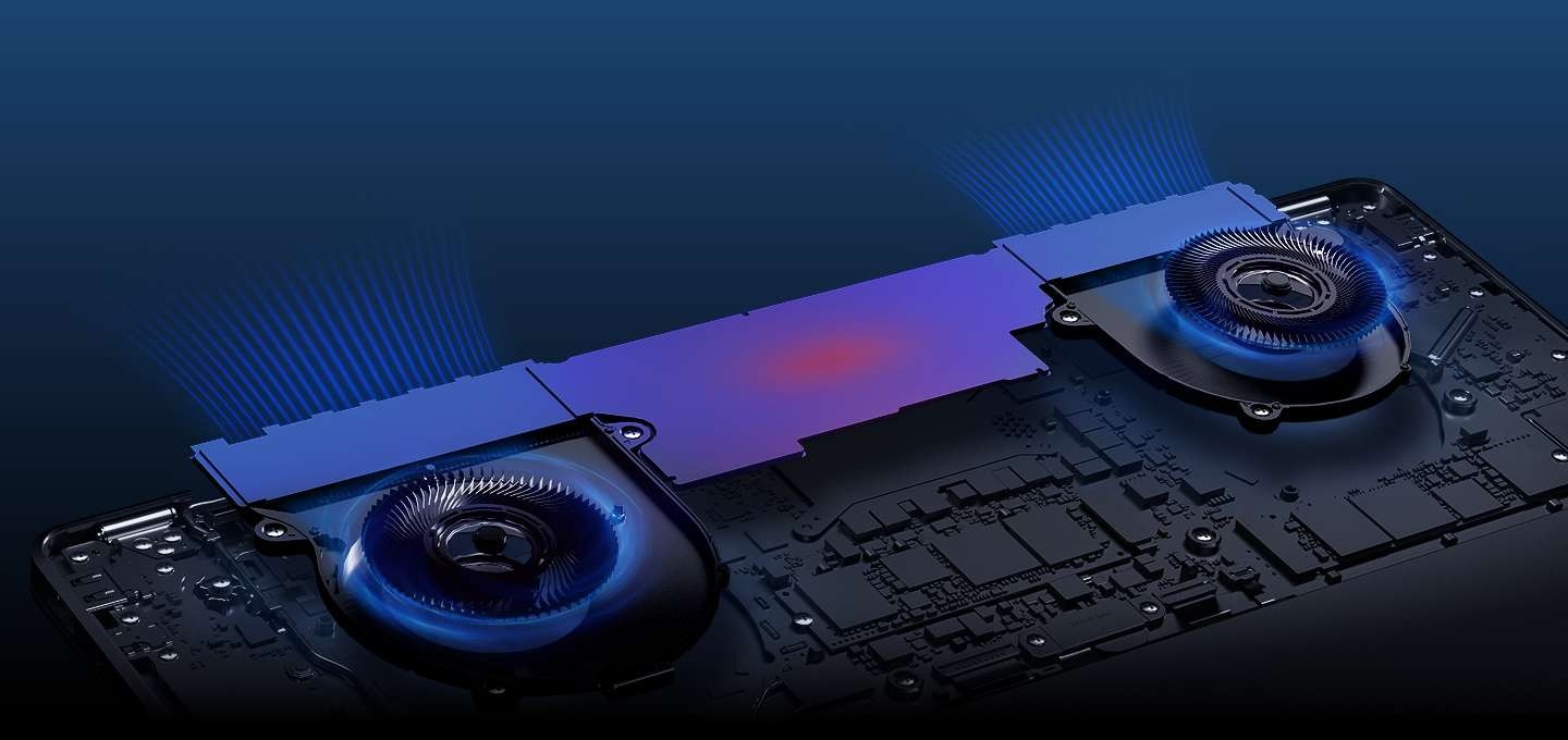 [갤럭시 북6 프로 내부 냉각 시스템이 나타납니다. 더 넓어진 증기 챔버, 더 커진 방열 핀, 저소음 팬 설계가 특징입니다. 열이 빠져나가는 모습을 그래픽을 통해 시각적으로 나타내며 더욱 빠른 열 방출을 강조합니다.]