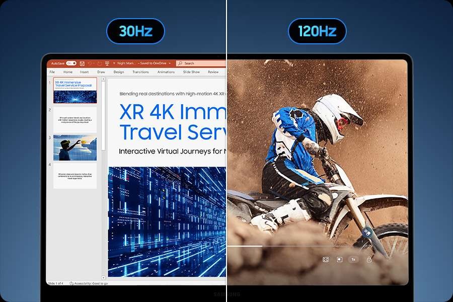 [갤럭시 북6 프로의 디스플레이가 좌우로 나뉘어 있습니다. 왼쪽 이미지에는 낮고 효율적인 속도의 30Hz 문구와 함께 파워포인트 슬라이드 장면이 표시됩니다. 오른쪽 이미지에는 120Hz~ 문구와 함께 뿌연 배경 속 오토바이 운전자의 영상이 재생되며, 공기 중에 떠도는 먼지의 부드럽고 유연한 움직임이 강조됩니다.]