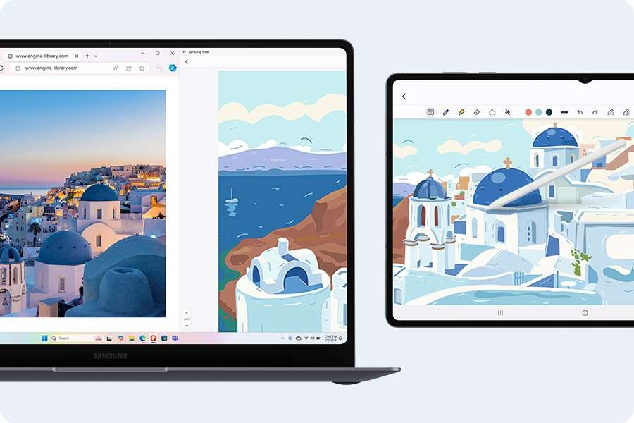 [갤럭시 북6 프로 화면에 웹 페이지와 삼성 노트 앱이 나란히 열려있습니다. 웹 페이지에는 사진 이미지가 표시되고, 삼성 노트 앱에는 사진에 영감을 받은 듯한 그림 이미지가 표시됩니다. 그림 이미지는 바로 옆에 놓인 가로 모드의 갤럭시 탭 S11에 디스플레이 확장을 통해 마치 하나의 그림인듯 연결되어 나타납니다. 이 설정은 세컨드 스크린을 이용한 듀얼 모니터 경험을 강조합니다.]