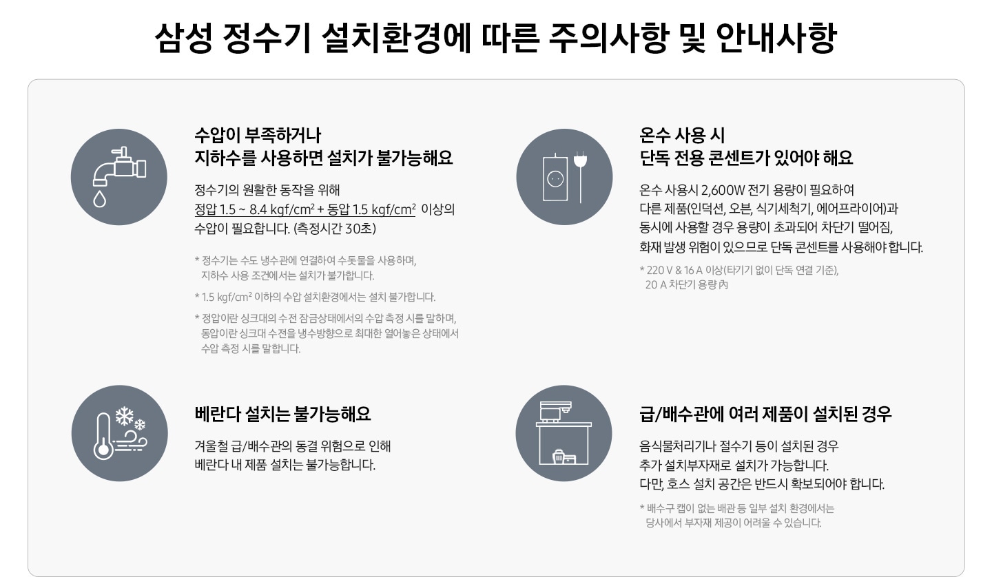 삼성 정수기 설치 환경에 따른 주의사항 및 안내사항이 아이콘과 함께 나와있습니다. 수압이 부족하거나 지하수를 사용하면 설치가 불가능해요-정수기의 원활한 동작을 위해 정압 1.5 ~ 8.4 kgf/㎠ 이상의 수압이 필요합니다. (측정시간 30초) * 정수기는 수도 냉수관에 연결하여 수돗물을 사용하며, 지하수 사용 조건에서는 설치가 불가합니다. * 1.5 kgf/㎠ 이하의 수압 설치환경에서는 설치 불가합니다. * 정압이란 싱크대의 수전 잠금상태에서의 수압 측정 시를 말하며, 동압이란 싱크대 수전을 냉수방향으로 최대한 열어놓은 상태에서 수압 측정 시를 말합니다. 온수 사용 시 단독 전용 콘센트가 있어야 해요-온수 사용 시 2,600W 전기 용량이 필요하여 다른 제품(인덕션, 오븐, 식기세척기, 에어프라이어)과 동시에 사용할 경우 용량이 초과되어 차단기 떨어짐, 화재 발생 위험이 있으므로 단독 콘센트를 사용해야 합니다. * 220V & 16A 이상(타기기 없이 단독 연결 기준), 20A 차단기 용량 內. 베란다 설치는 불가능해요-겨울철 급/배수관의 동결 위험으로 인해 베란다 내 제품 설치는 불가능합니다. 급/배수관에 여러 제품이 설치된 경우-음식물처리기나 절수기 등이 설치된 경우 추가 설치부자재로 설치가 가능합니다. 다만, 호스 설치 공간은 반드시 확보되어야 합니다. * 배수구 캡이 없는 배관 등 일부 설치 환경에서는 당사에서 부자재 제공이 어려울 수 있습니다. * 일부 주방 환경에 따라 설치가 불가능하거나 추가 비용이 발생할 수 있습니다.