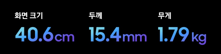 갤럭시 북6 울트라의 사이즈 정보를 알려줍니다. 화면크기 40.6cm 두께 15.4mm 무게 1.79kg