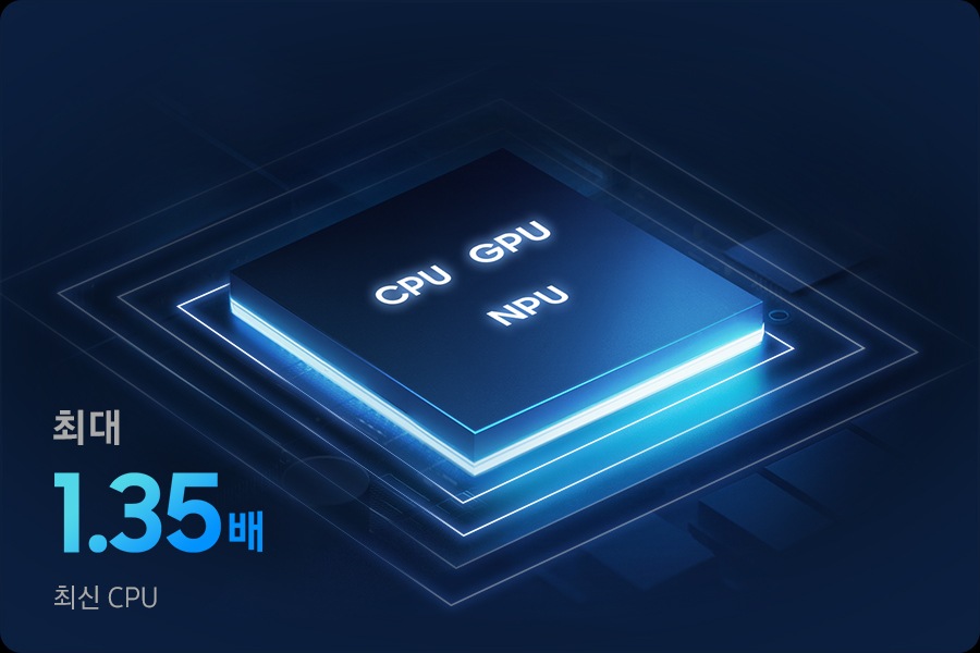 CPU, GPU, NPU가 포함된 갤럭시 북6 프로 칩셋의 근접 사진입니다. 최신 성능의 CPU는 최대 1.45배 더 향상된 성능을 제공합니다.