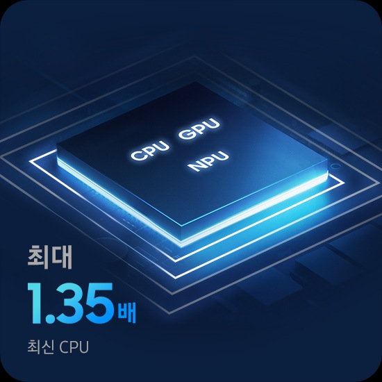 CPU, GPU, NPU가 포함된 갤럭시 북6 프로 칩셋의 근접 사진입니다. 최신 성능의 CPU는 최대 1.45배 더 향상된 성능을 제공합니다.