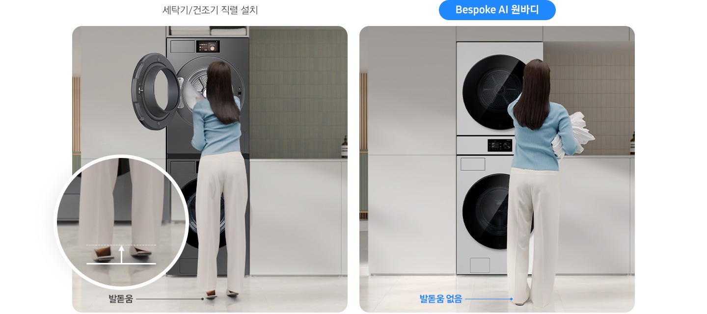 세탁기/건조기 직렬 설치 시 여성이 제품을 사용하고 있는 연출된 이미지 입니다. 건조기에서 빨랫감을 꺼내는 모습이며 좌측 원 안에 발돋움하는 발 부분이 확대되어 있습니다. Bespoke AI 원바디를 여성이 사용중인 비교 이미지 입니다. 건조기에서 빨랫감을 꺼내 손에 들고있고 아래 발 부분에 '발돋움 없음' 문구가 나와있습니다.