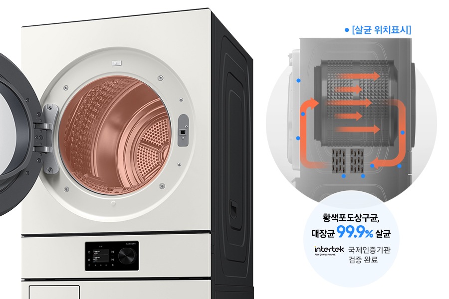 건조기 정면 제품 이미지가 나와있고 열풍 내부 살균 화면이 디스플레이에 나와있습니다. 건조기 내부에는 열풍이 회전하는 연출이 되어있고 통 하단부에 열교환기 부분이 파란색으로 표시되어 있습니다. 건조기 우측면이 일러스트로 그려져있고 내부에 화살표로 열이 교환되는 모습과, 파란색 점으로 살균 위치가 표시되어 있는 연출 이미지 입니다. 황색포도상구균, 대장균 99.9% 살균 문구와 국제인증기관 검증 완료 intertek 로고가 함께 나와있습니다.