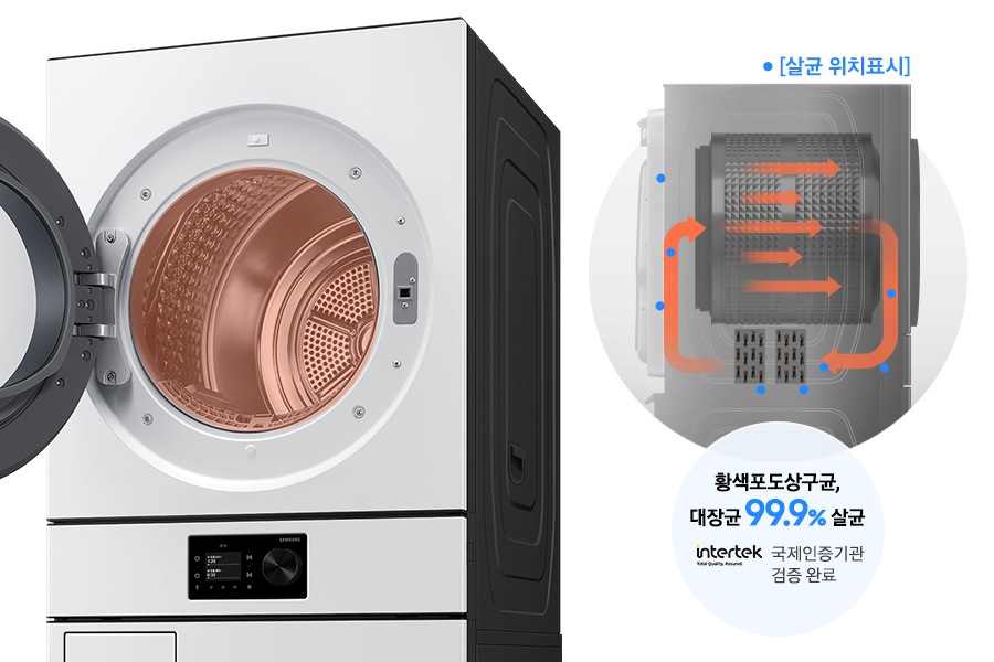 건조기 정면 제품 이미지가 나와있고 열풍 내부 살균 화면이 디스플레이에 나와있습니다. 건조기 내부에는 열풍이 회전하는 연출이 되어있고 통 하단부에 열교환기 부분이 파란색으로 표시되어 있습니다. 건조기 우측면이 일러스트로 그려져있고 내부에 화살표로 열이 교환되는 모습과, 파란색 점으로 살균 위치가 표시되어 있는 연출 이미지 입니다. 황색포도상구균, 대장균 99.9% 살균 문구와 국제인증기관 검증 완료 intertek 로고가 함께 나와있습니다.