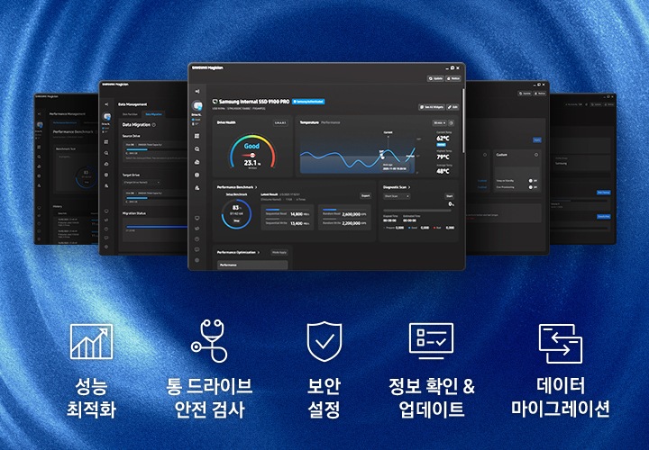 삼성 매지션 소프트웨어를 보여주는 창이 여러개 나열되어 있으며 아래에 '성능 최적화', '통합 드라이브 안전 검사', '보안 설정', '정보 확인&업데이트', '데이터 마이그레이션'이 아이콘과 함께 쓰여있습니다.