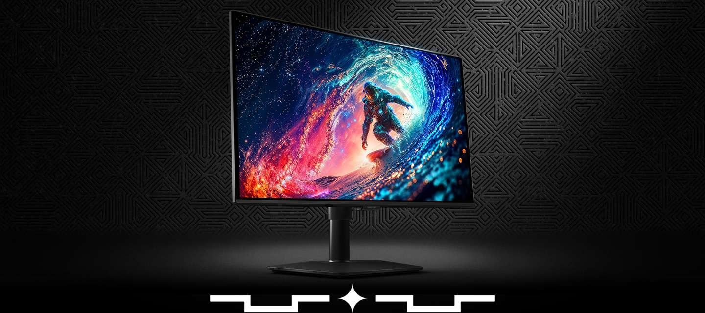 검은 배경에 오디세이 G6모니터가 좌측 45도 각도로 놓여있습니다.