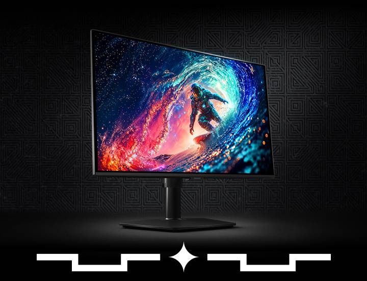 검은 배경에 오디세이 G6모니터가 좌측 45도 각도로 놓여있습니다.