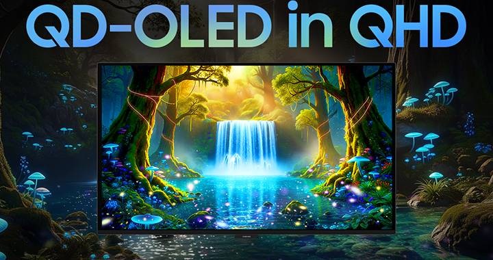 모니터 화면의 일부는 FHD 화질로, 일부는 QHD 화질로 비교하여 차이를 보여줍니다.