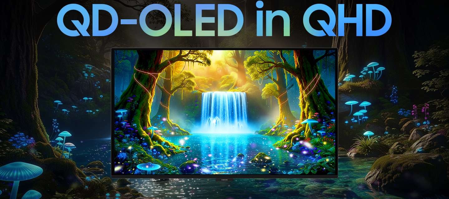 모니터 화면의 일부는 FHD 화질로, 일부는 QHD 화질로 비교하여 차이를 보여줍니다.